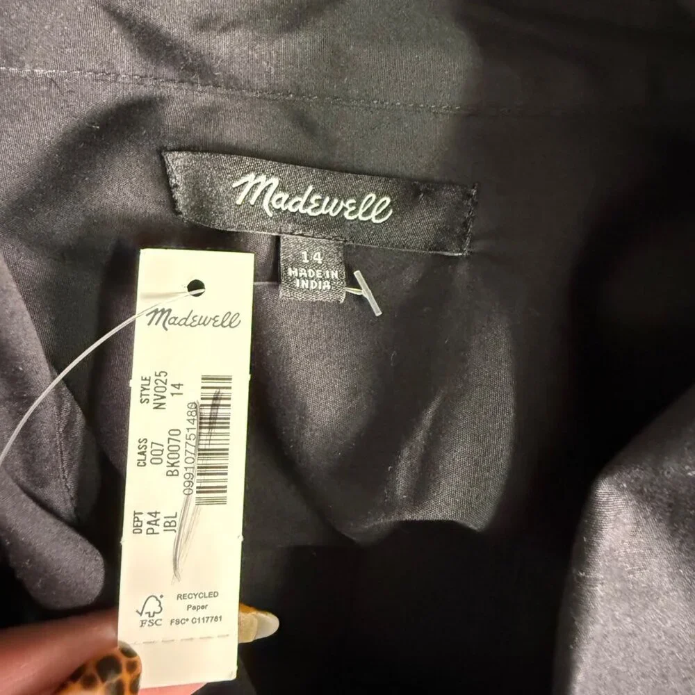 Madewell Dress 14 Black Seamed Long Sleeve Mini Poplin Shirtdress Pockets NV025 - Picture 8 of 13
